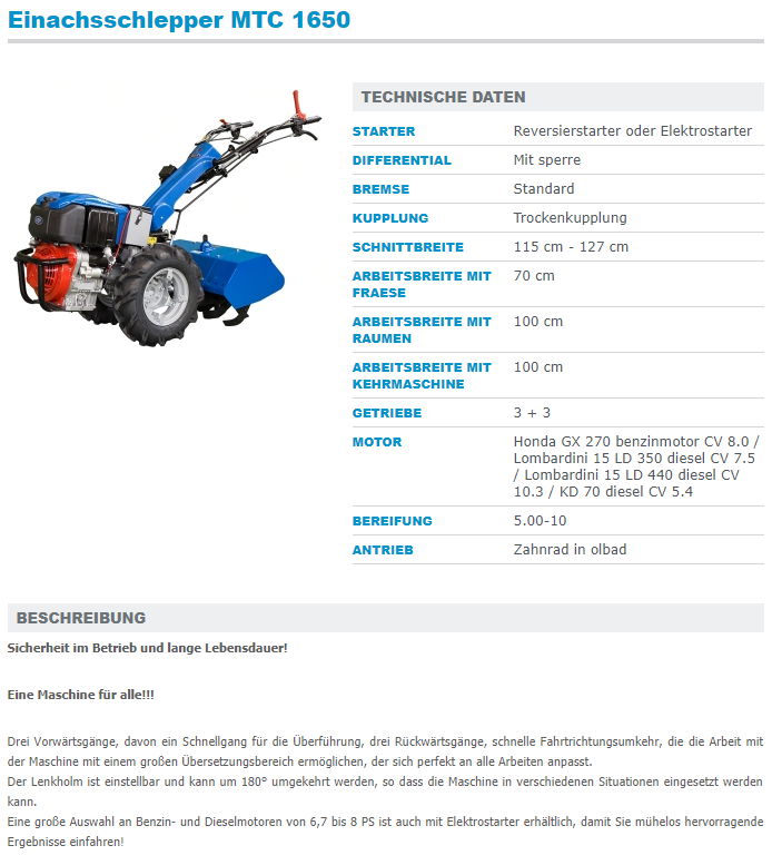 Einachsschlepper MTC 1650