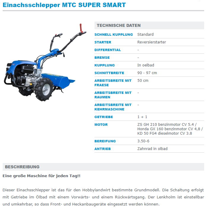 Einachsschlepper MTC SUPER SMART